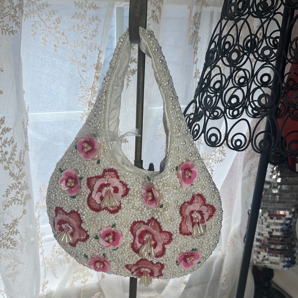 Made in India white beaded pink and red beaded hand bag
